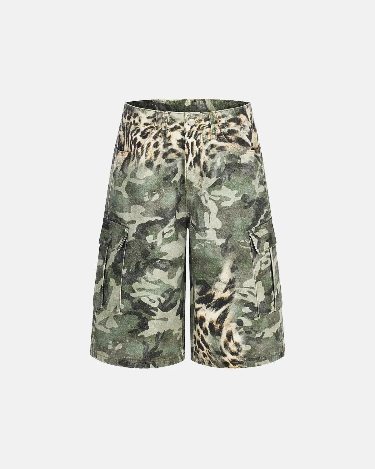 Leopard camo cargo longline shorts by INFLATION Streetwear featuring a stylish longline fit and camouflage print.