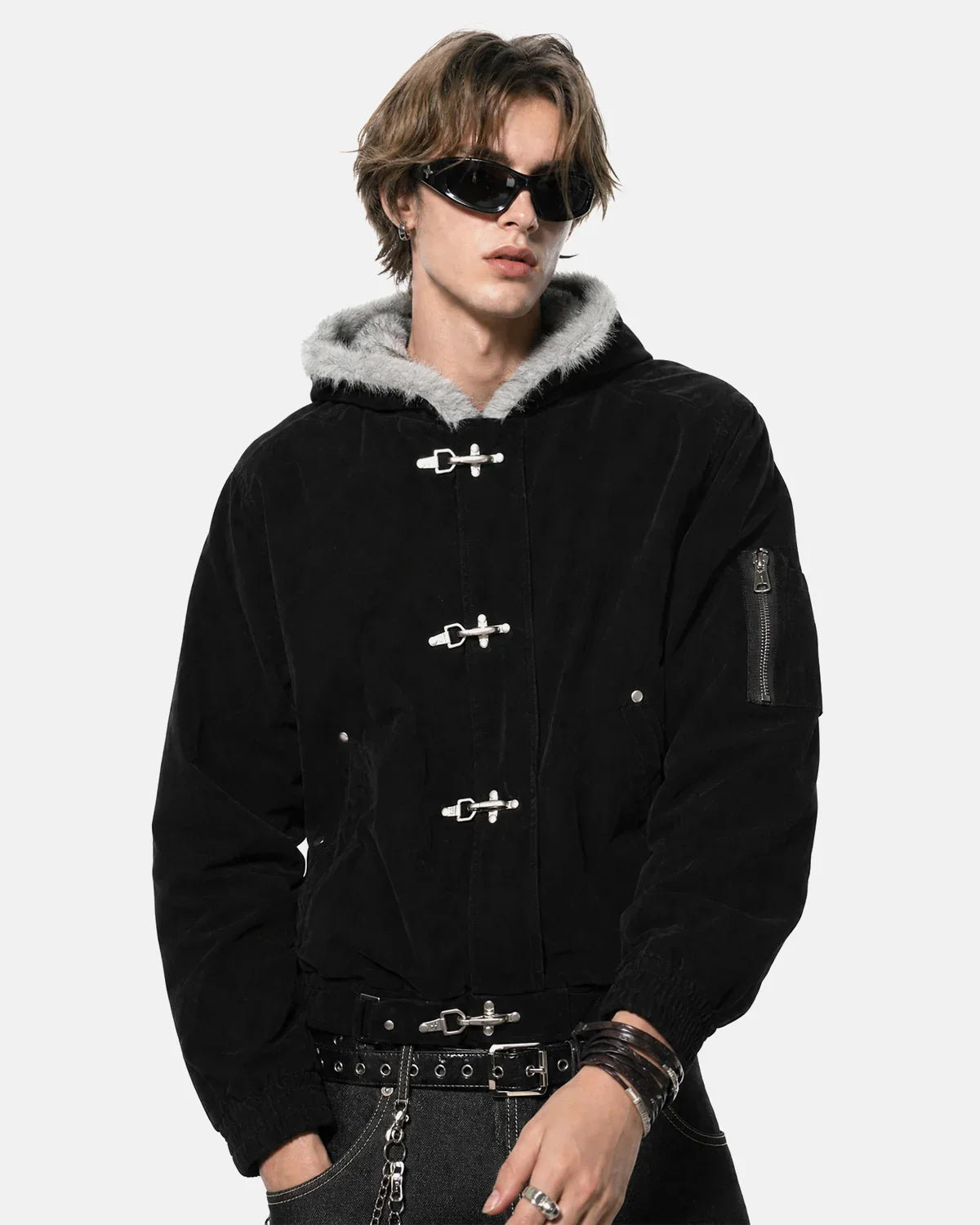 Inflation Streetwear faux fur lined clasp bomber jacket, black with front zipper, ribbed cuffs, and collar, stylish and warm.