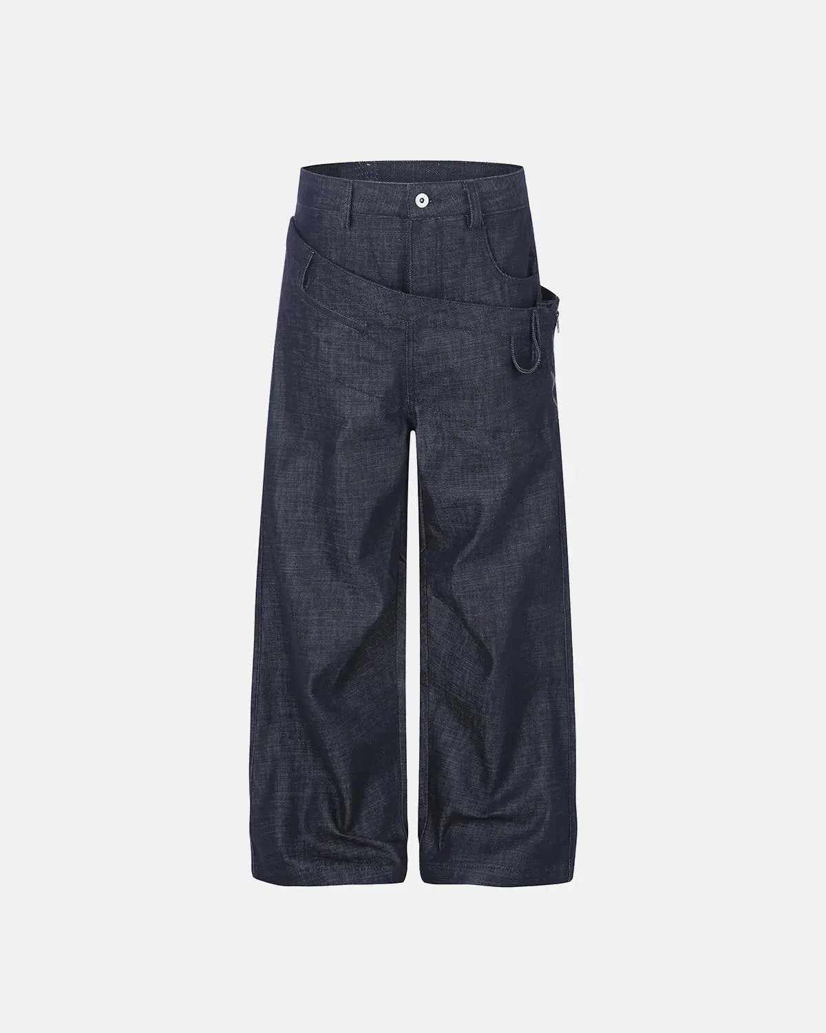 Inflation asymmetric wrap waist baggy jeans showing high-waisted, loose fit denim with unique wrap detail and distressed finish.