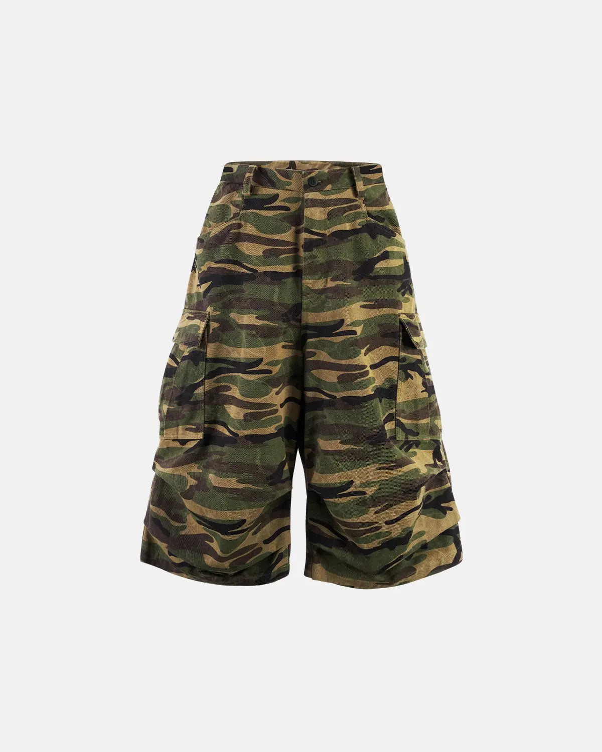 Inflation Camo Cargo Baggy Shorts featuring a camouflage pattern, multiple pockets, and a relaxed streetwear fit.