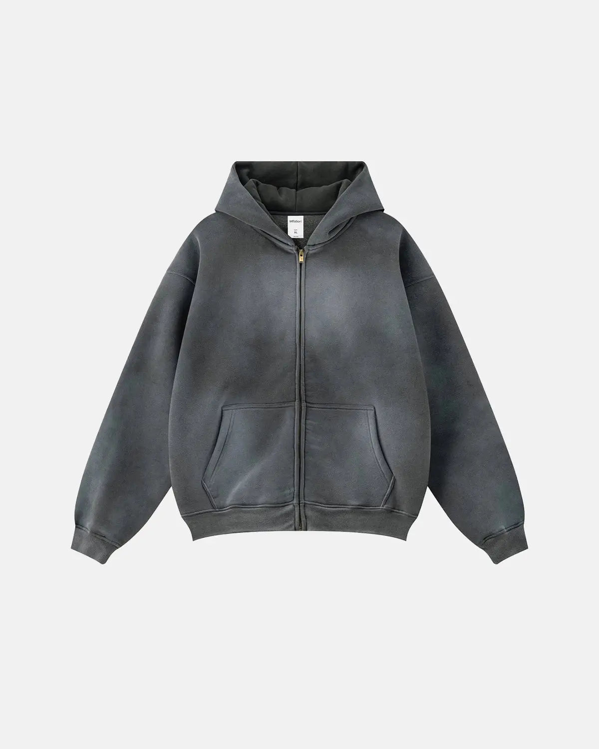 Acid washed zip-up hoodie from Inflation Streetwear with a casual fit, featuring a front zipper and distressed fabric texture.