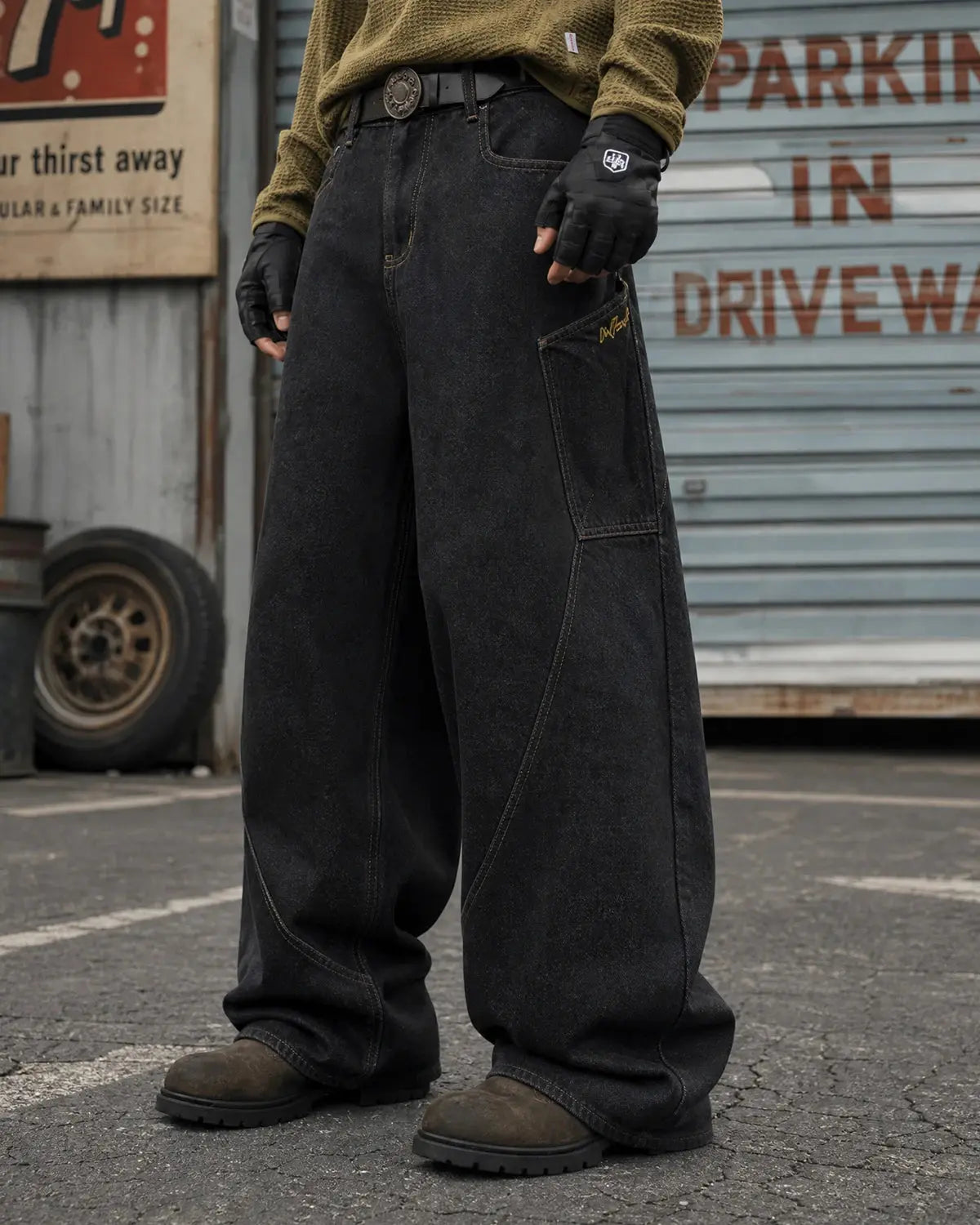 Inflation Super Raw Barrel Jeans in denim, featuring a raw hem and relaxed fit, styled as streetwear casualwear.