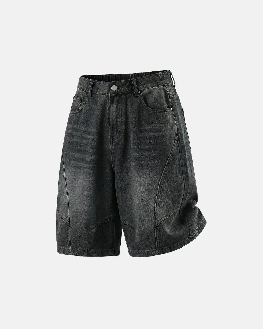 Inflation Streetwear structured washed denim shorts, casual pants with a relaxed fit and distressed details, front view.