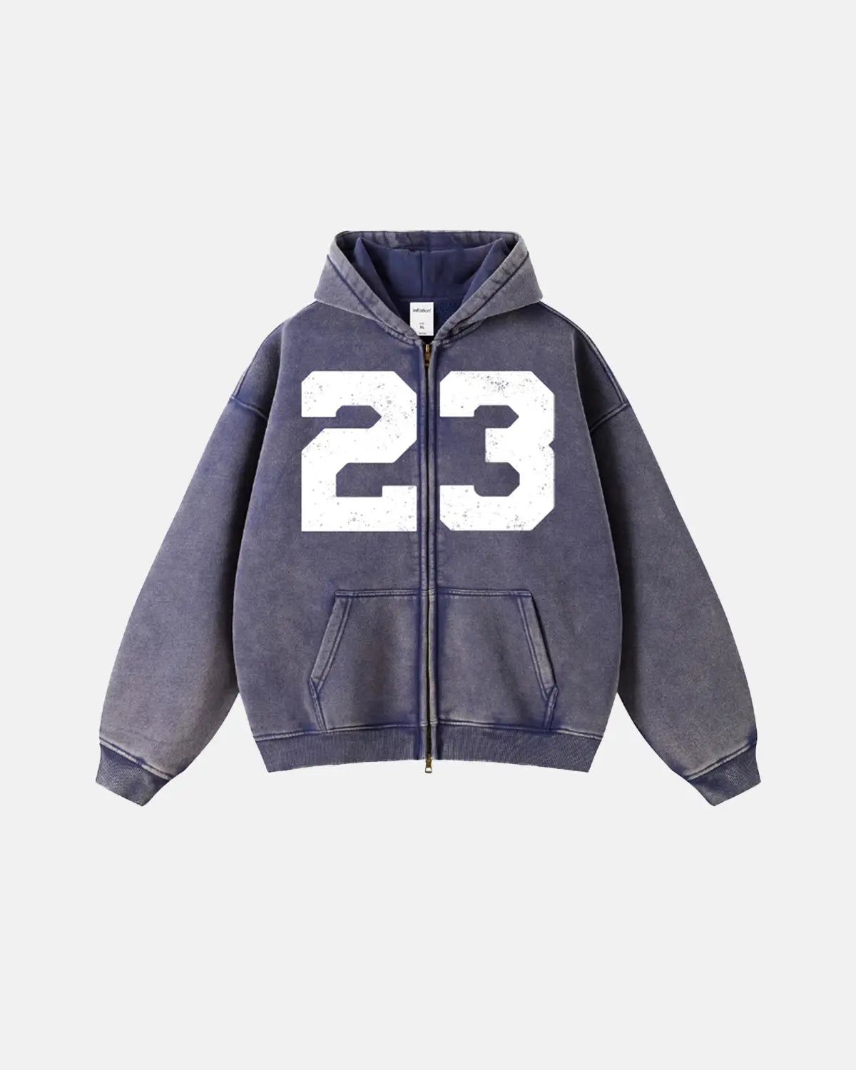 Inflation Streetwear 23 Washed Zip Up Hoodie in light blue with front pockets and adjustable drawstrings.