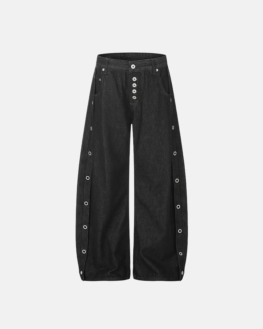 Inflation Streetwear barrel jeans with side eyelet buttons, showcasing distressed denim and stylish detailing.