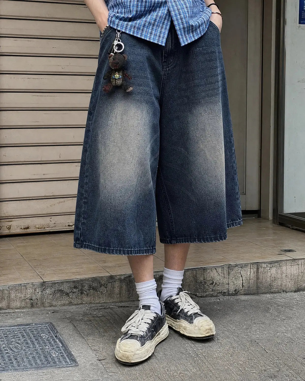 Inflation Double Waist Baggy Jorts featuring a relaxed fit, denim fabric, and streetwear style, shown in a front view.