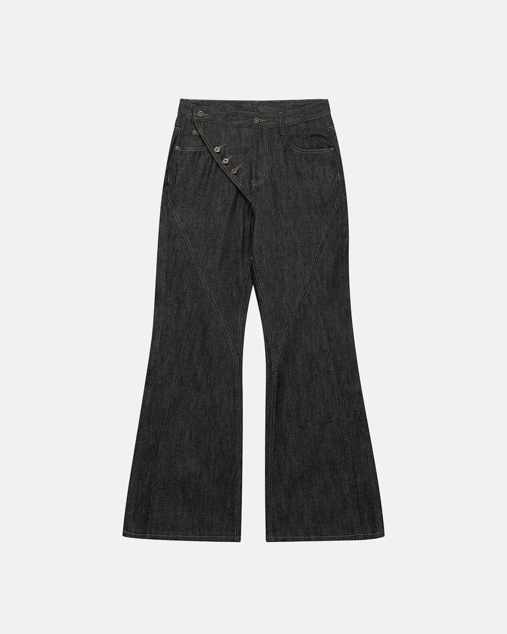 Inflation Streetwear asymmetric buttons bootcut jeans, dark denim pants with unique button detailing and flared leg style.