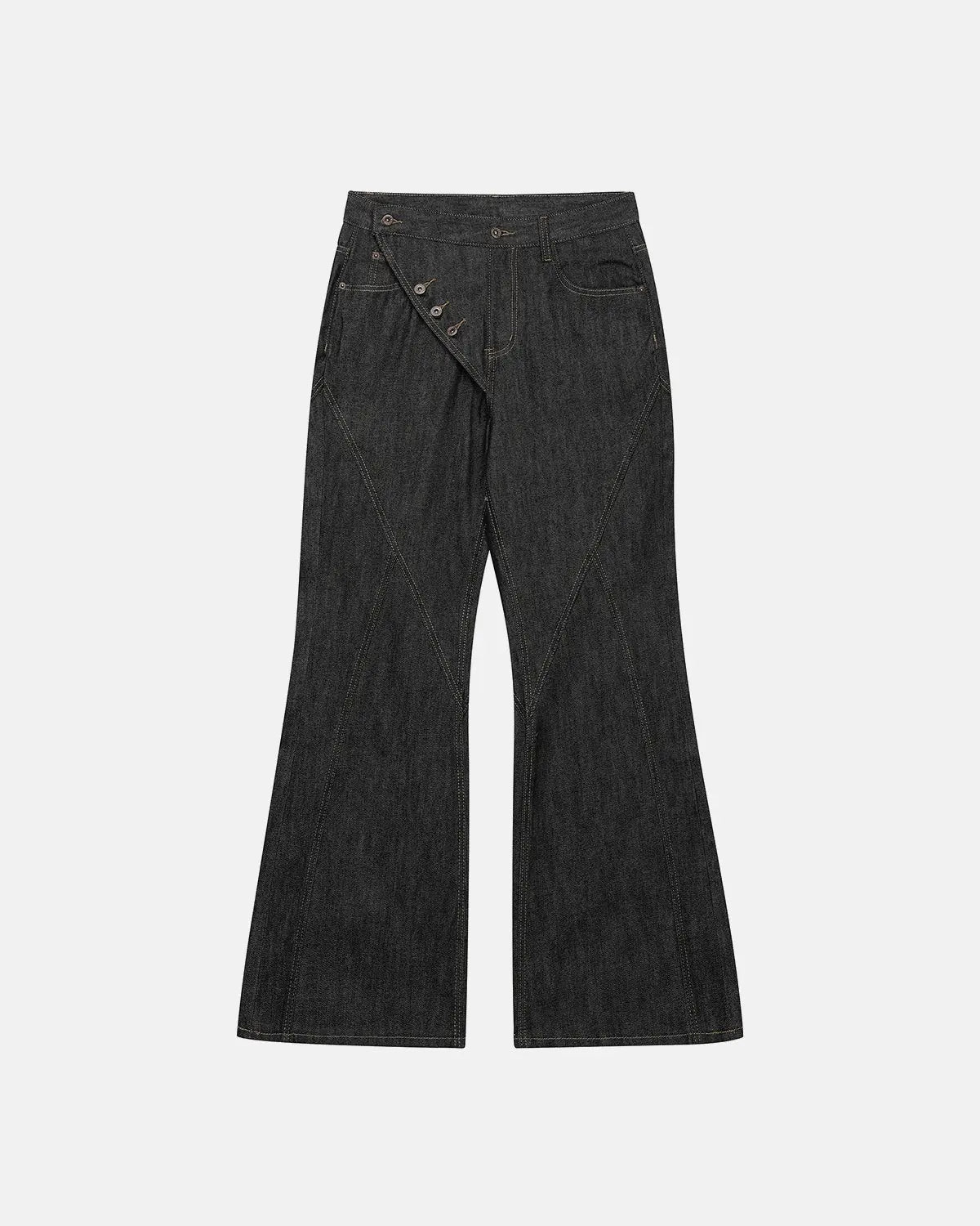 Inflation Streetwear asymmetric buttons bootcut jeans, dark denim pants with unique button detailing and flared leg style.