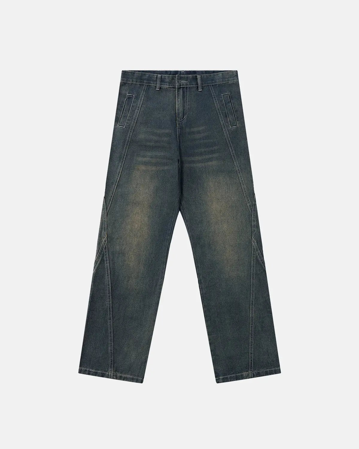 Deconstructed straight-leg jeans by INFLATION, stylish streetwear pants with a modern, edgy design and raw hem details.