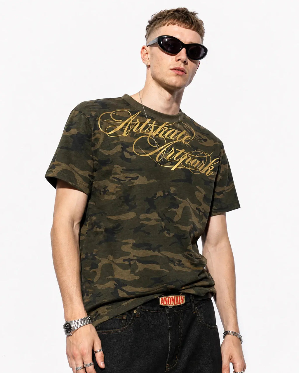 Camo Script Boxy T-Shirt by INFLATION featuring a camouflage design and bold script logo on a relaxed, boxy fit.