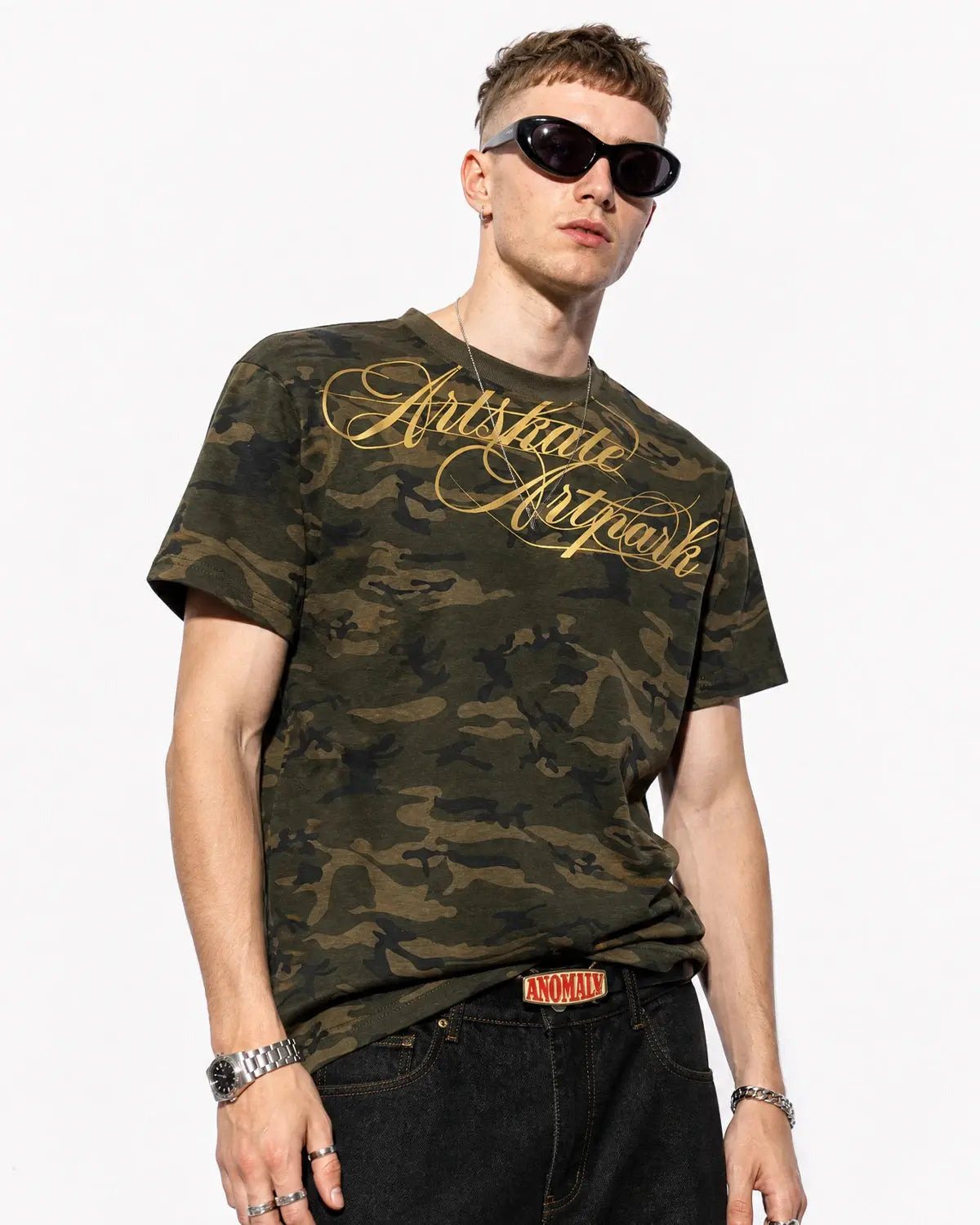 Camo Script Boxy T-Shirt by INFLATION featuring a camouflage design and bold script logo on a relaxed, boxy fit.