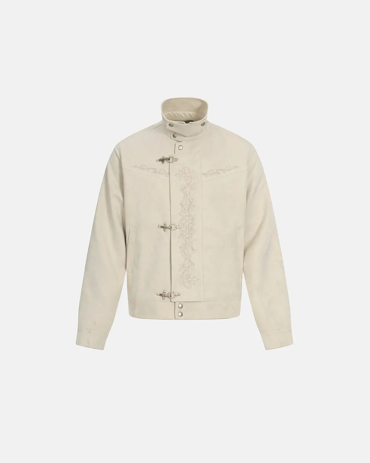 Embroidery Jacquard Cropped Clasp Jacket by INFLATION Streetwear, featuring intricate embroidery and a modern cropped fit.
