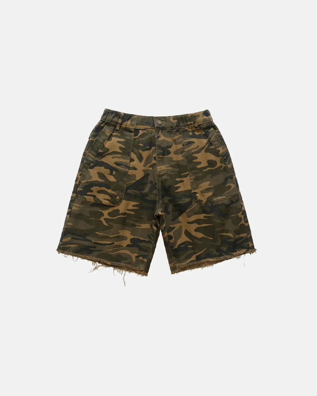 Inflation Streetwear frayed hem camo knee-length shorts with distressed details, casual men's streetwear style, front view.