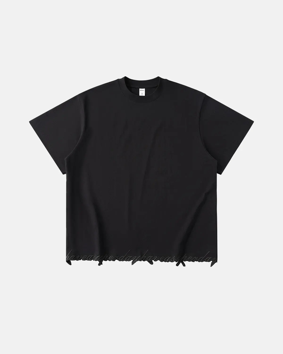 Inflation Streetwear embroidered frayed hem oversized T-shirt, white cotton with colorful embroidery and distressed frayed edges.