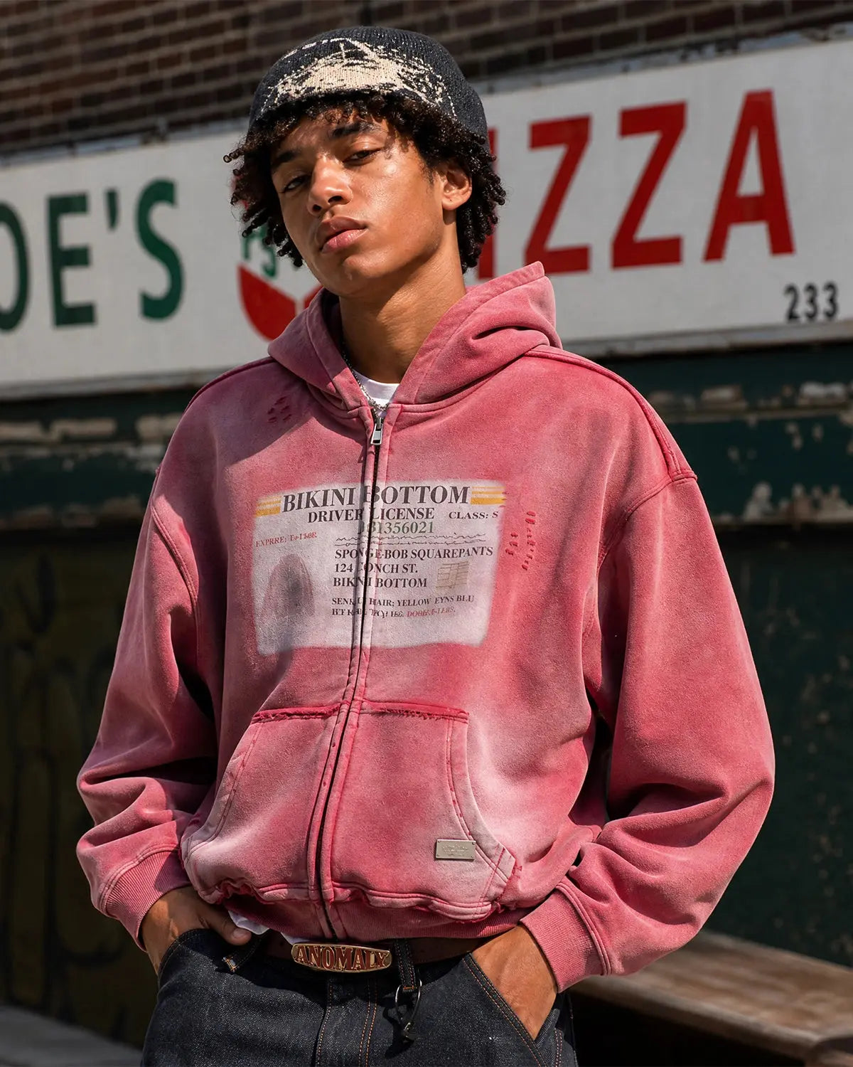 Inflation Streetwear Graphic Ripped Washed Zip Up Hoodie with distressed details and bold design, casual streetwear style.