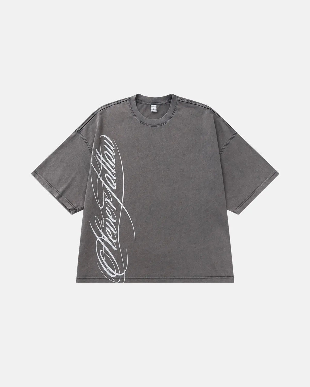 Inflation Streetwear boxy script graphic washed T-shirt with bold lettering and casual fit, displayed on a plain background.