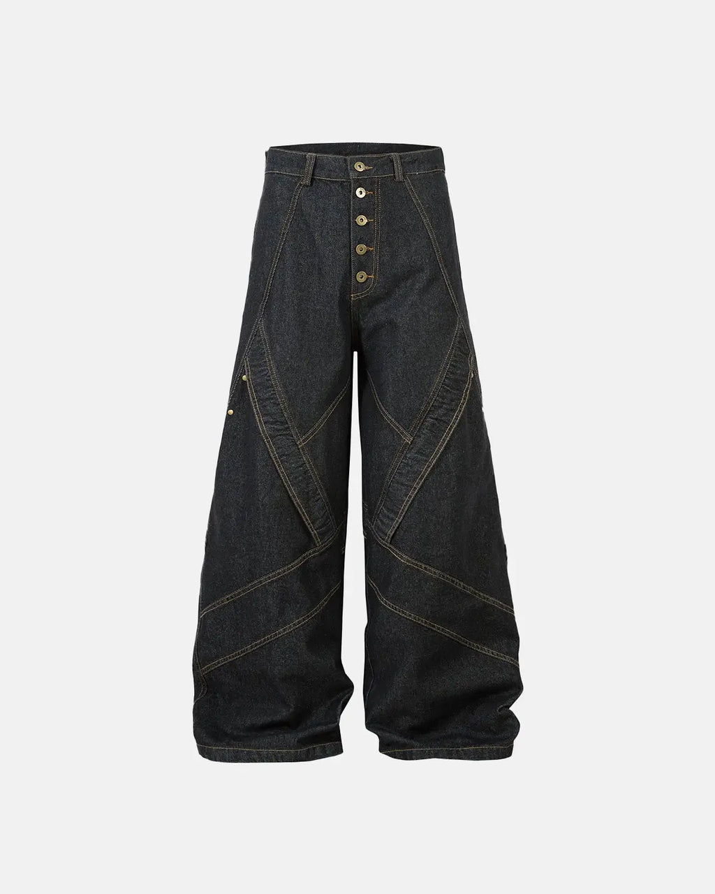 Inflation Stitching Button Up Baggy Jeans showing relaxed fit, stitching details, and classic five-pocket design on light denim fabric.