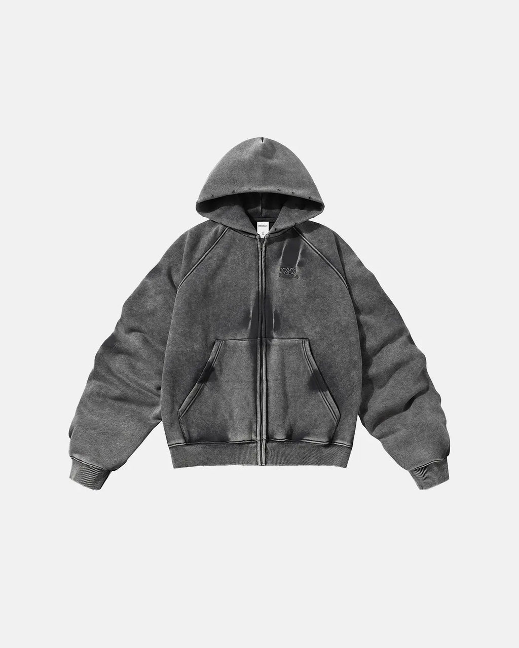 Acid washed embroidery zip-up hoodie by INFLATION Streetwear, featuring a casual fit and embroidered details on the front.