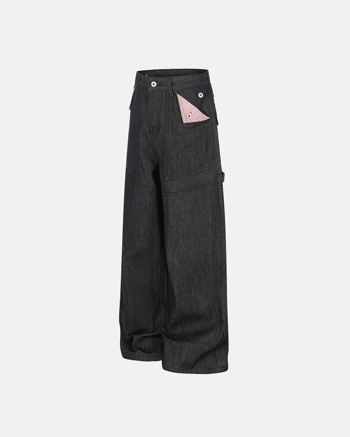 Inflation Deconstructed Utility Baggy Jeans with multiple pockets, relaxed fit, and distressed denim style.