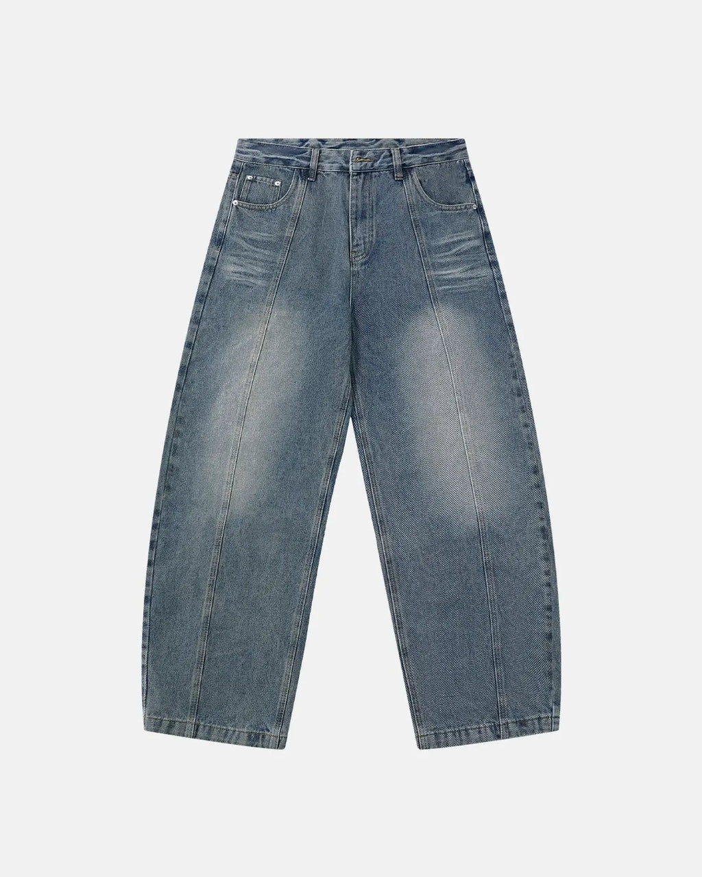 Deconstructed washed barrel jeans by INFLATION featuring distressed details and a relaxed fit, styled for streetwear fashion.