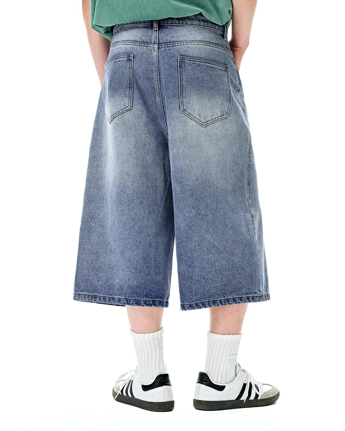 Washed baggy longline jorts by Inflation Streetwear, casual pants with a relaxed fit and distressed denim look.