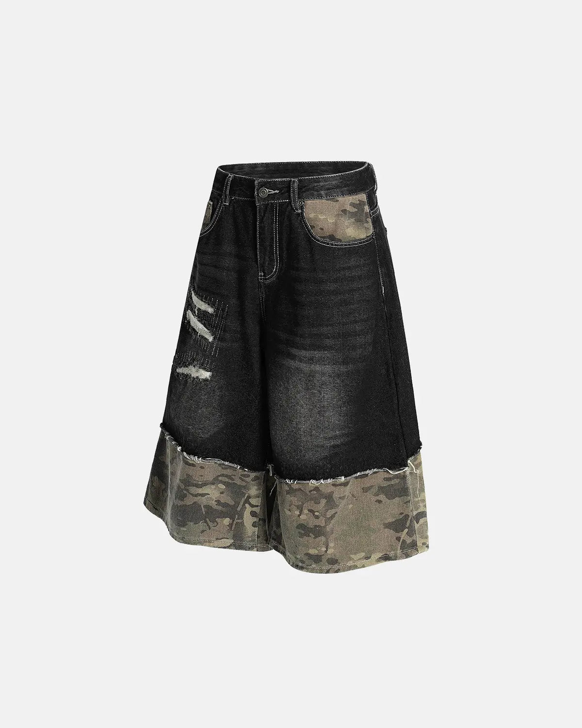 Inflation Camo Patchwork Washed Denim Jorts, men's casual pants with camouflage and distressed denim design.
