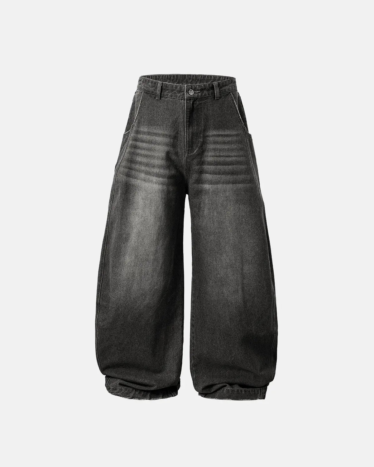 Inflation Washed Barrel Baggy Jeans, casual pants with a relaxed fit and distressed denim style, shown in a front view.
