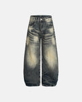 Bamboo weave barrel baggy jeans by INFLATION featuring a relaxed fit and unique woven texture, styled with casual streetwear look.