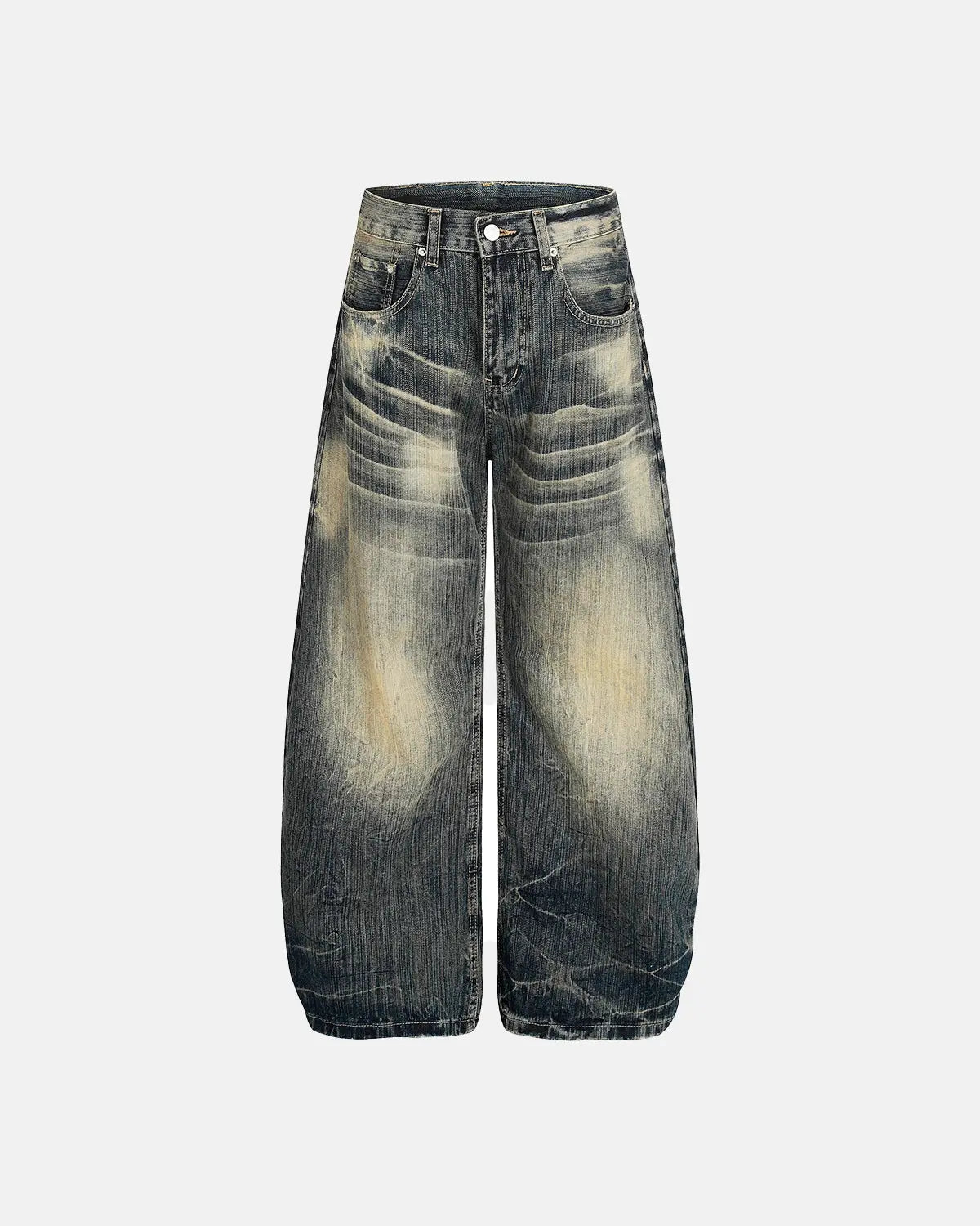 Bamboo weave barrel baggy jeans by INFLATION featuring a relaxed fit and unique woven texture, styled with casual streetwear look.