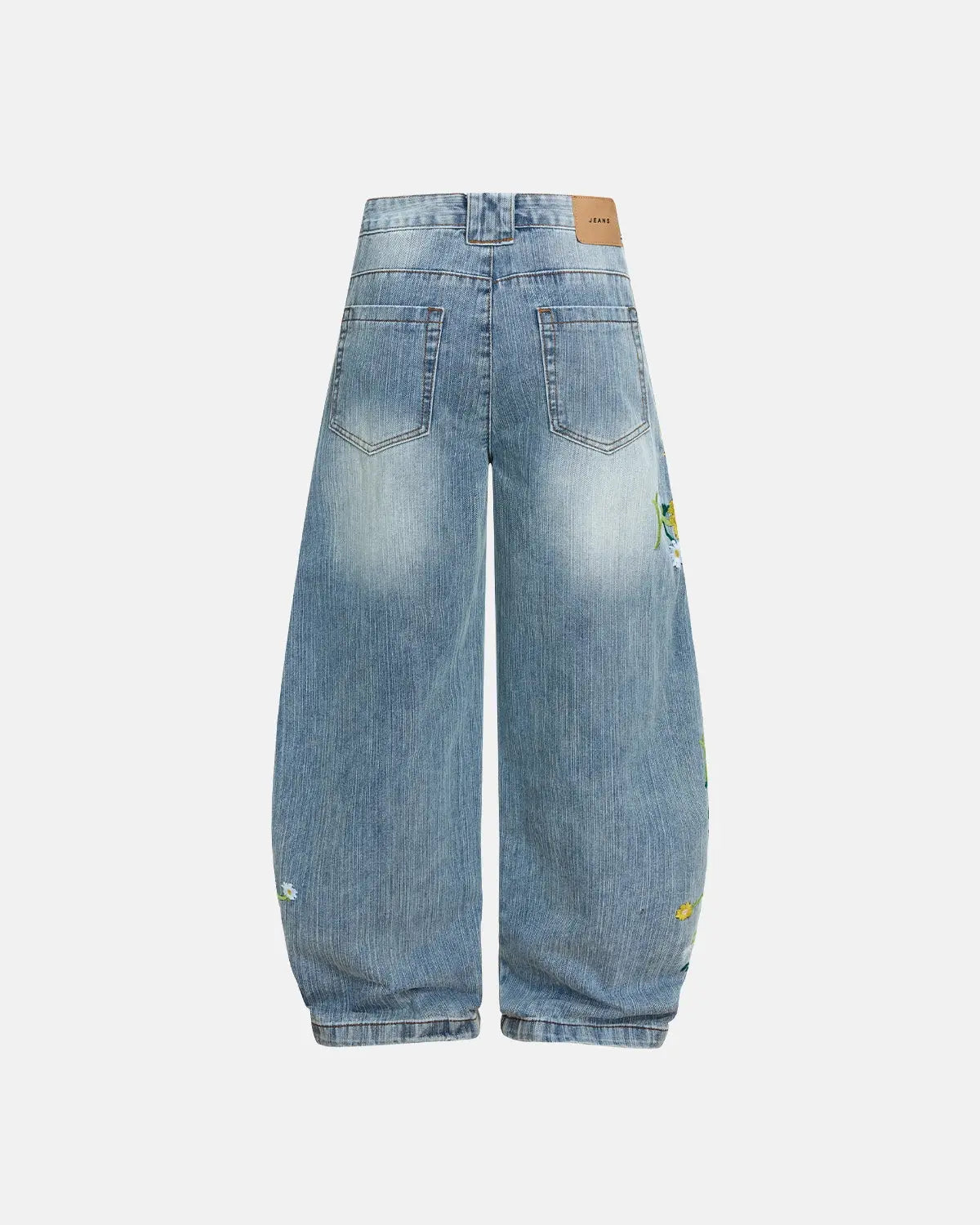 Inflation streetwear embroidery bamboo weave baggy jeans, casual pants featuring embroidered details and a relaxed fit.