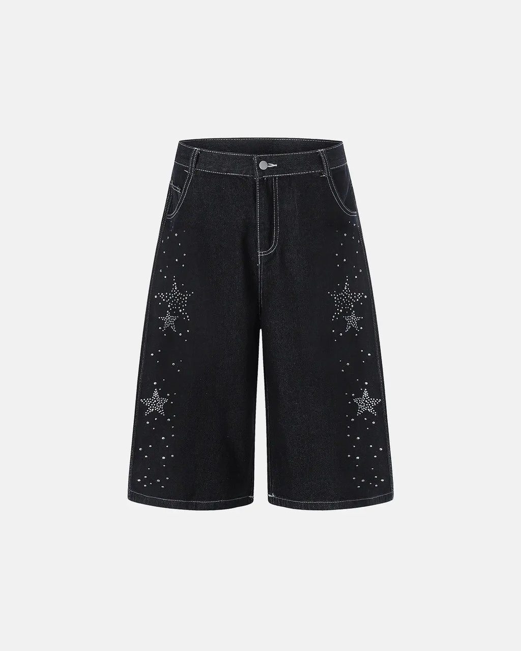 Star rhinestone denim shorts by INFLATION, stylish denim pants with sparkling star embellishments and a trendy streetwear design.