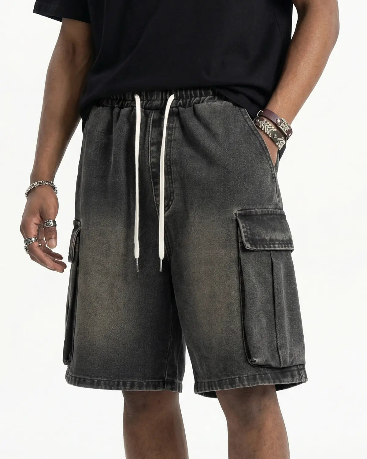 Washed denim cargo shorts with drawstring waist from INFLATION Streetwear, featuring multiple pockets and a relaxed fit.