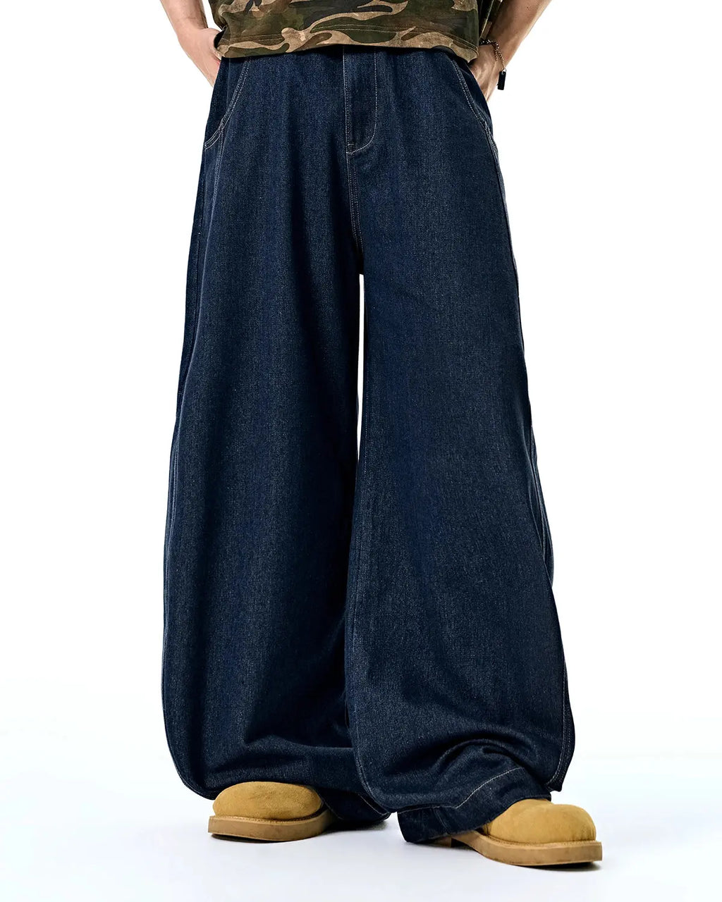 Raw Washed Barrel Jeans by INFLATION, denim pants with a relaxed fit, distressed details, and classic five-pocket design.