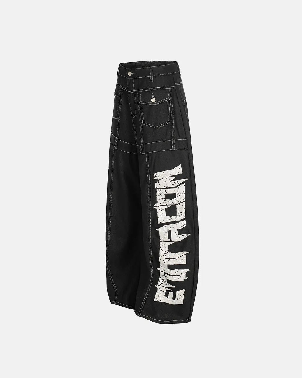 Letter graphic cargo barrel jeans from INFLATION Streetwear featuring distressed denim and bold letter designs.