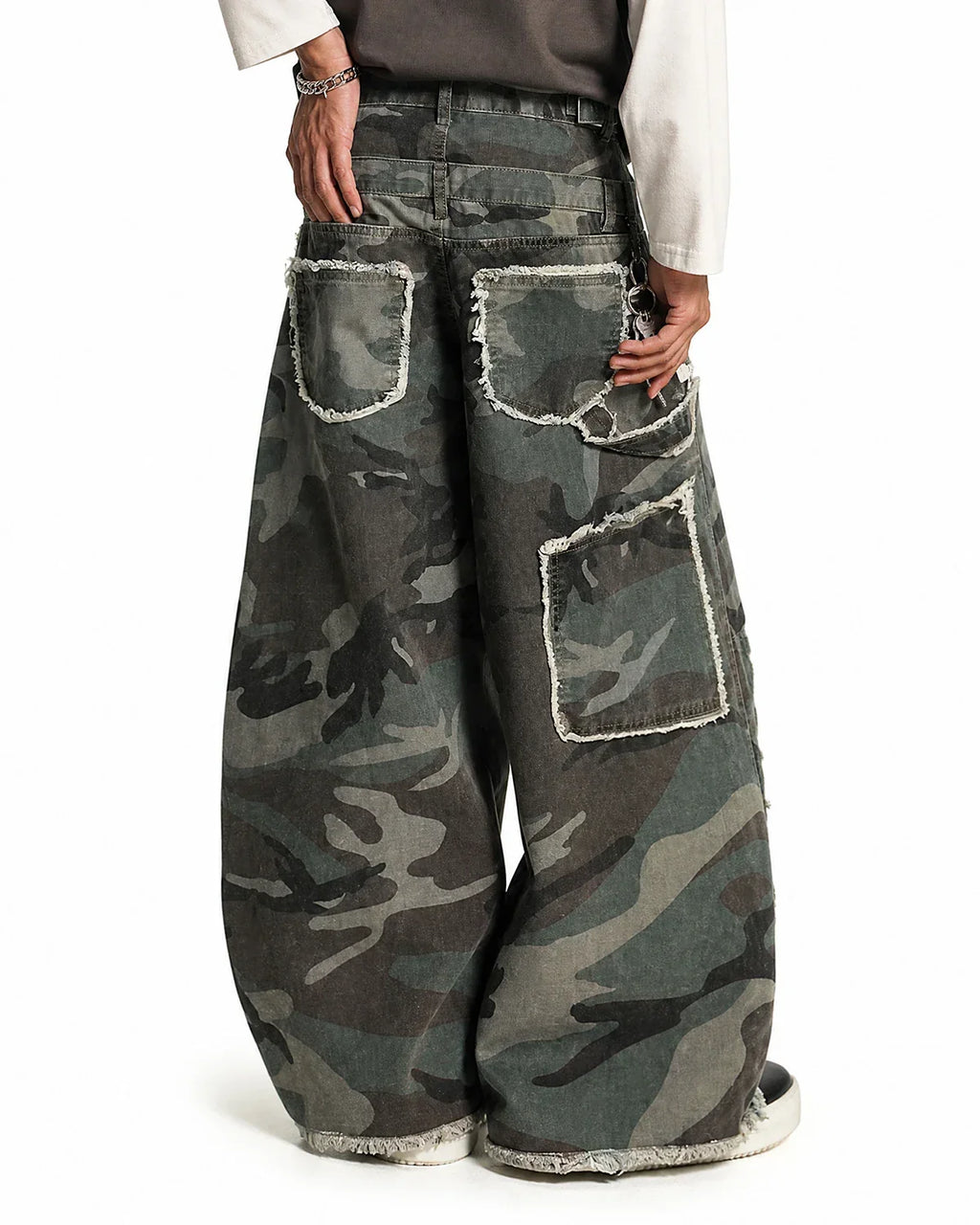 Inflation Streetwear double waist camo cargo pants with multiple pockets and adjustable waist, stylish military-inspired streetwear.