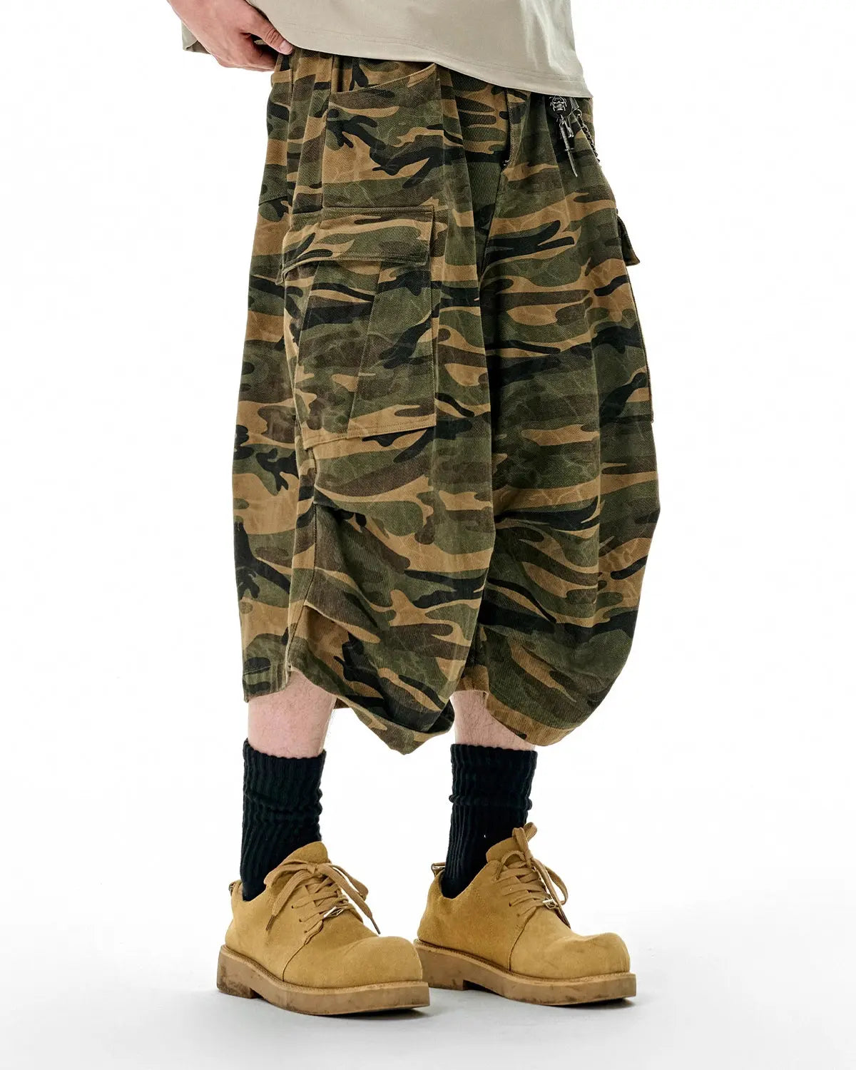 Inflation Streetwear camo cargo baggy shorts with multiple pockets and relaxed fit, featuring a green camouflage pattern.