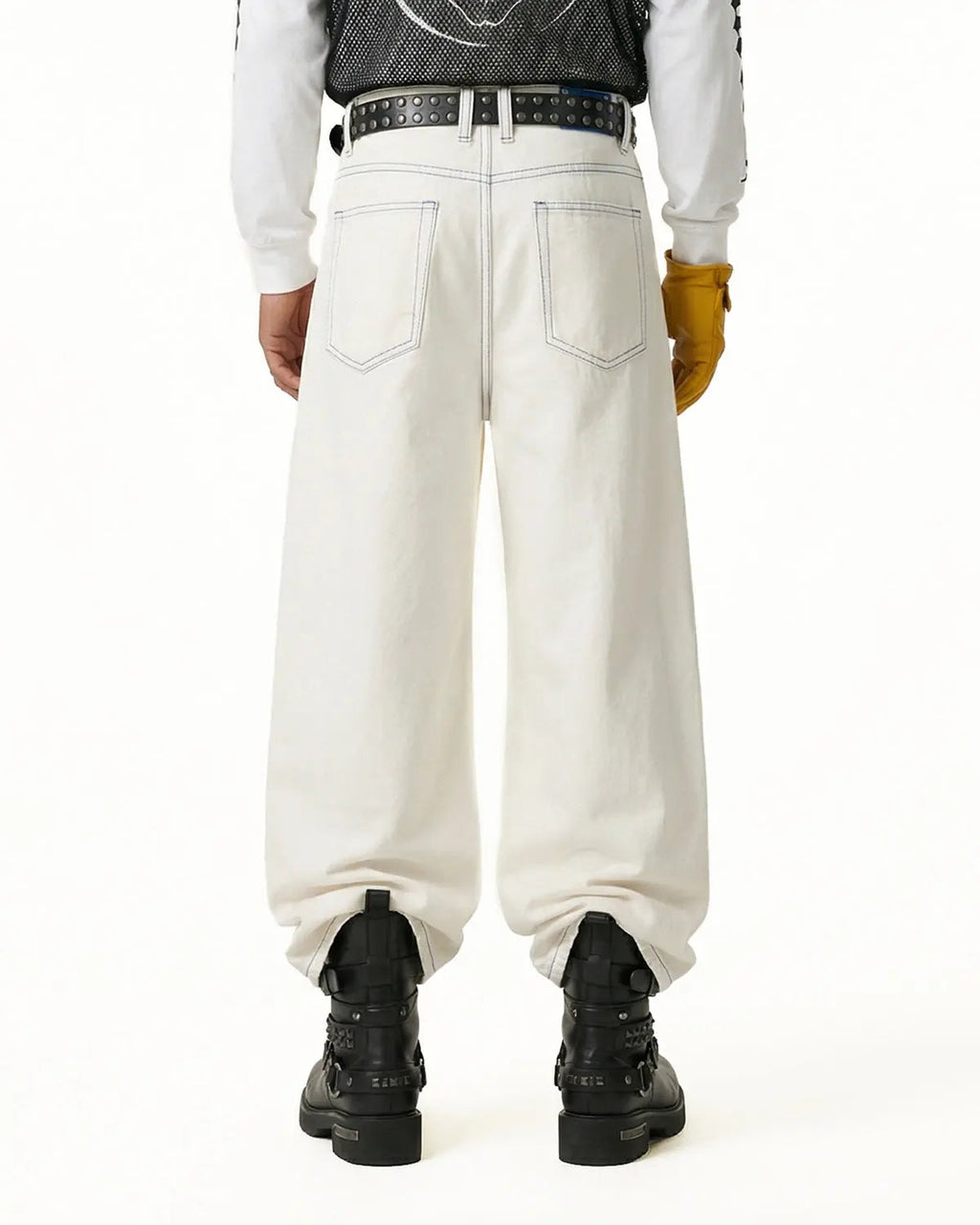 Inflation Streetwear contrast stitch baggy jeans, casual pants with relaxed fit and stylish stitching details, shown on a model.