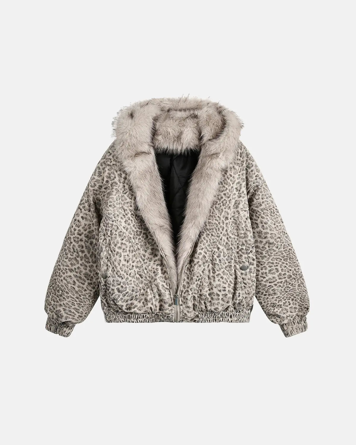 Inflation Leopard Faux Fur Lined Bomber Jacket featuring leopard print exterior and plush faux fur lining, stylish streetwear outerwear.