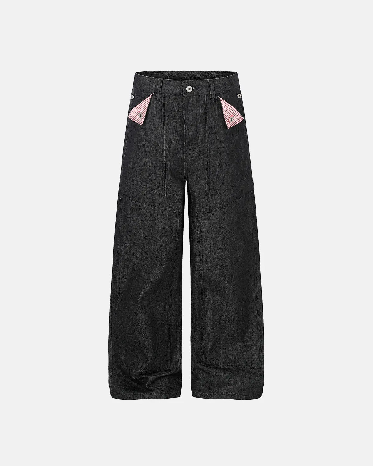 Deconstructed utility baggy jeans by INFLATION featuring oversized fit, multiple pockets, and distressed denim details.