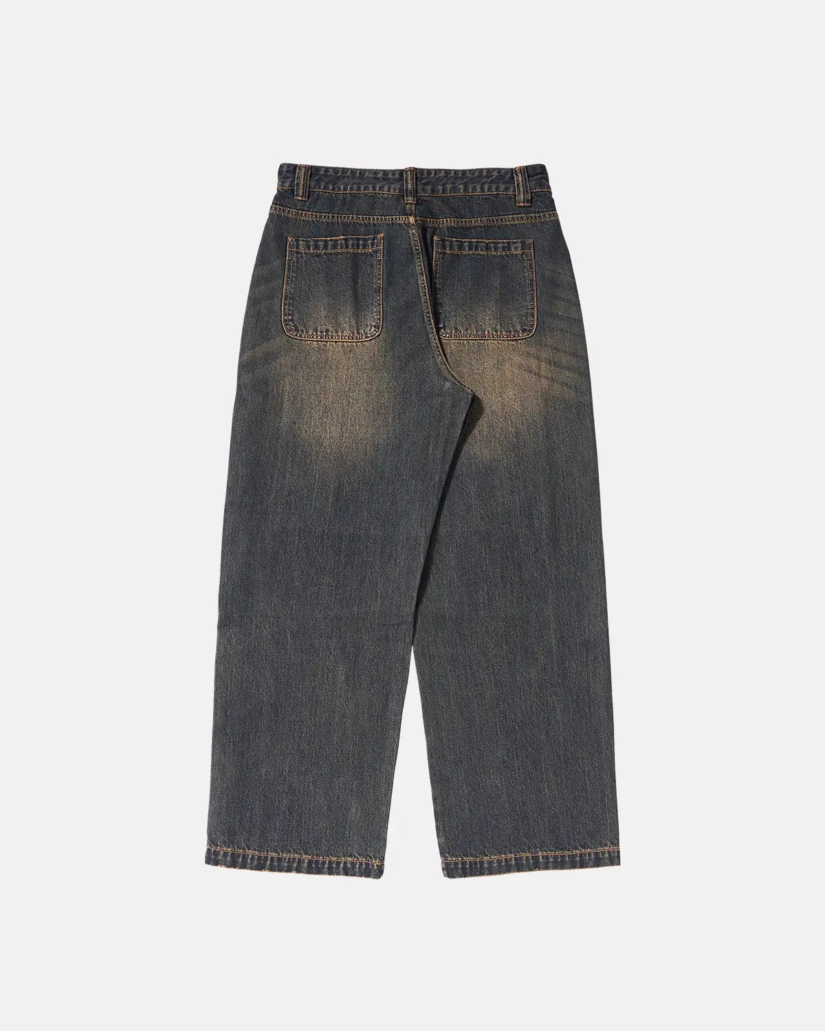 INFLATION faded dirty baggy cargo jeans with distressed details, relaxed fit, and multiple pockets, styled casually.