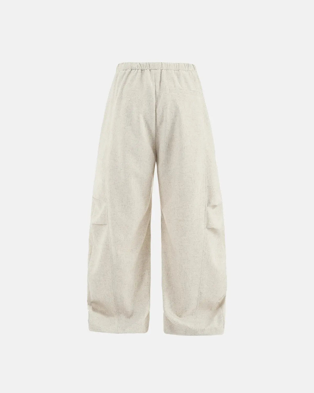 Light beige cotton linen wide-leg pants by INFLATION Streetwear, shown on a model, featuring a relaxed fit and casual style.
