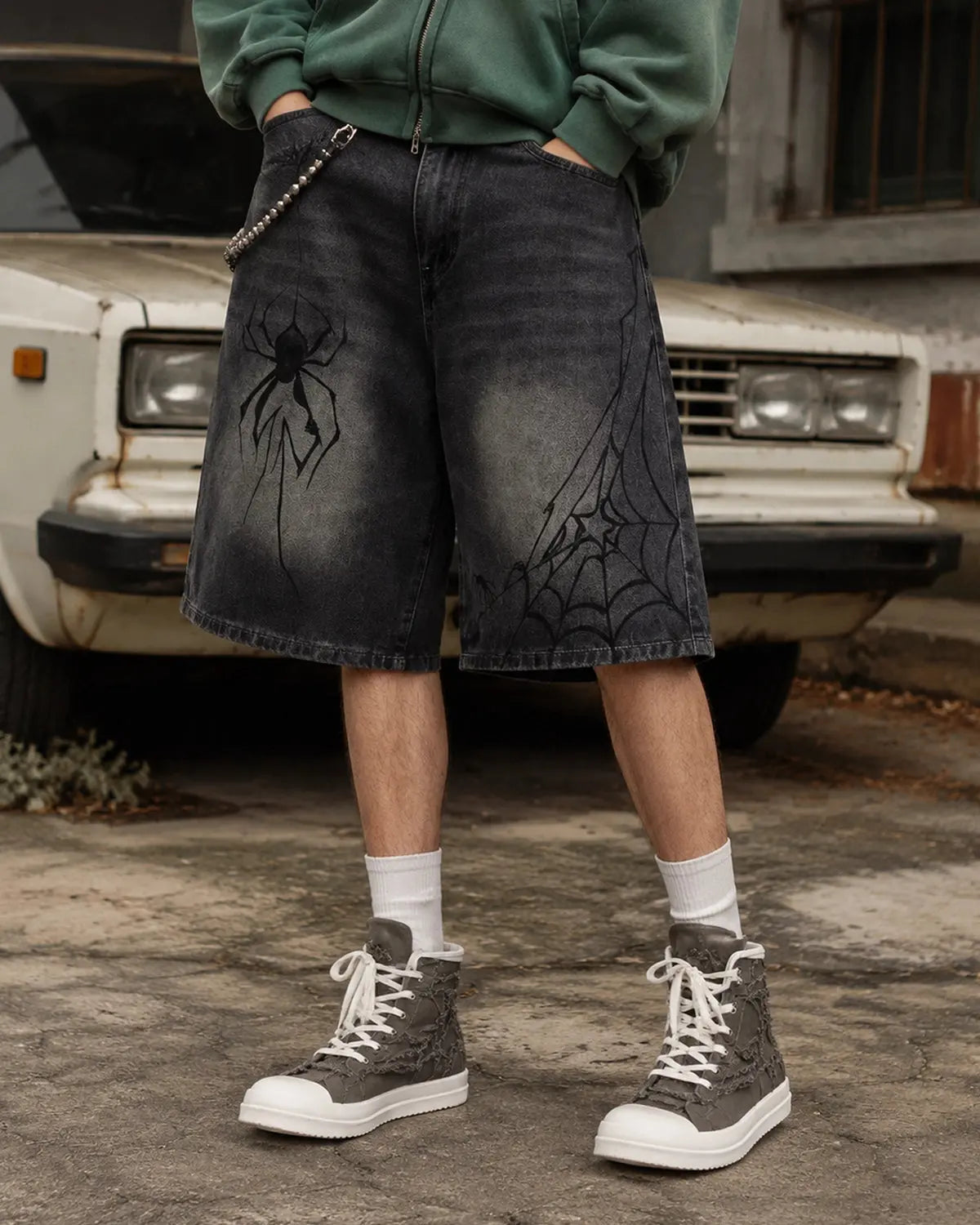 Inflation Spider Straight Leg Jorts, stylish denim pants with spider graphic, featuring a straight leg fit and streetwear design.