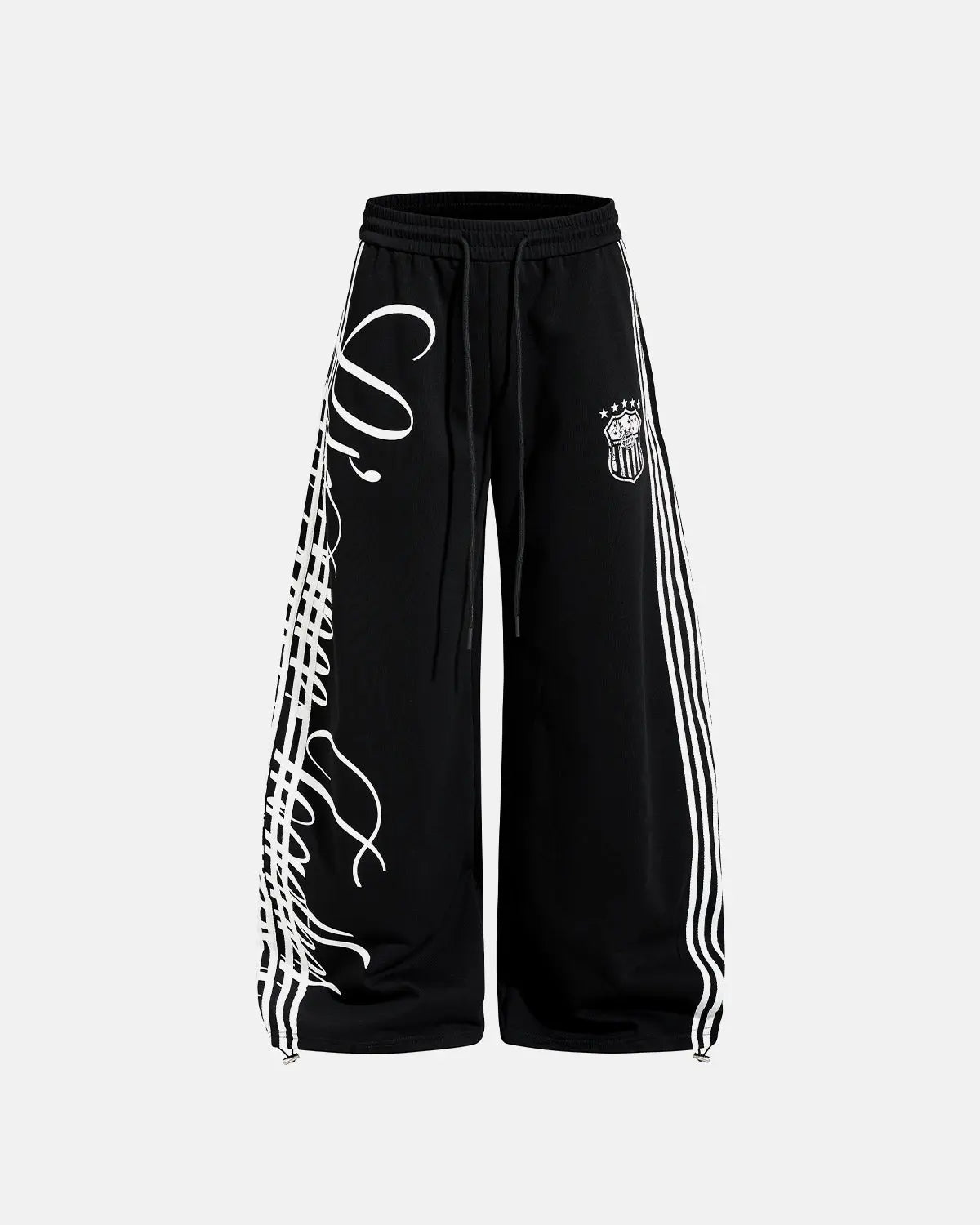 Inflation Script Stripe Baggy Sweatpants featuring bold stripe details and a relaxed fit, made from comfortable streetwear fabric.
