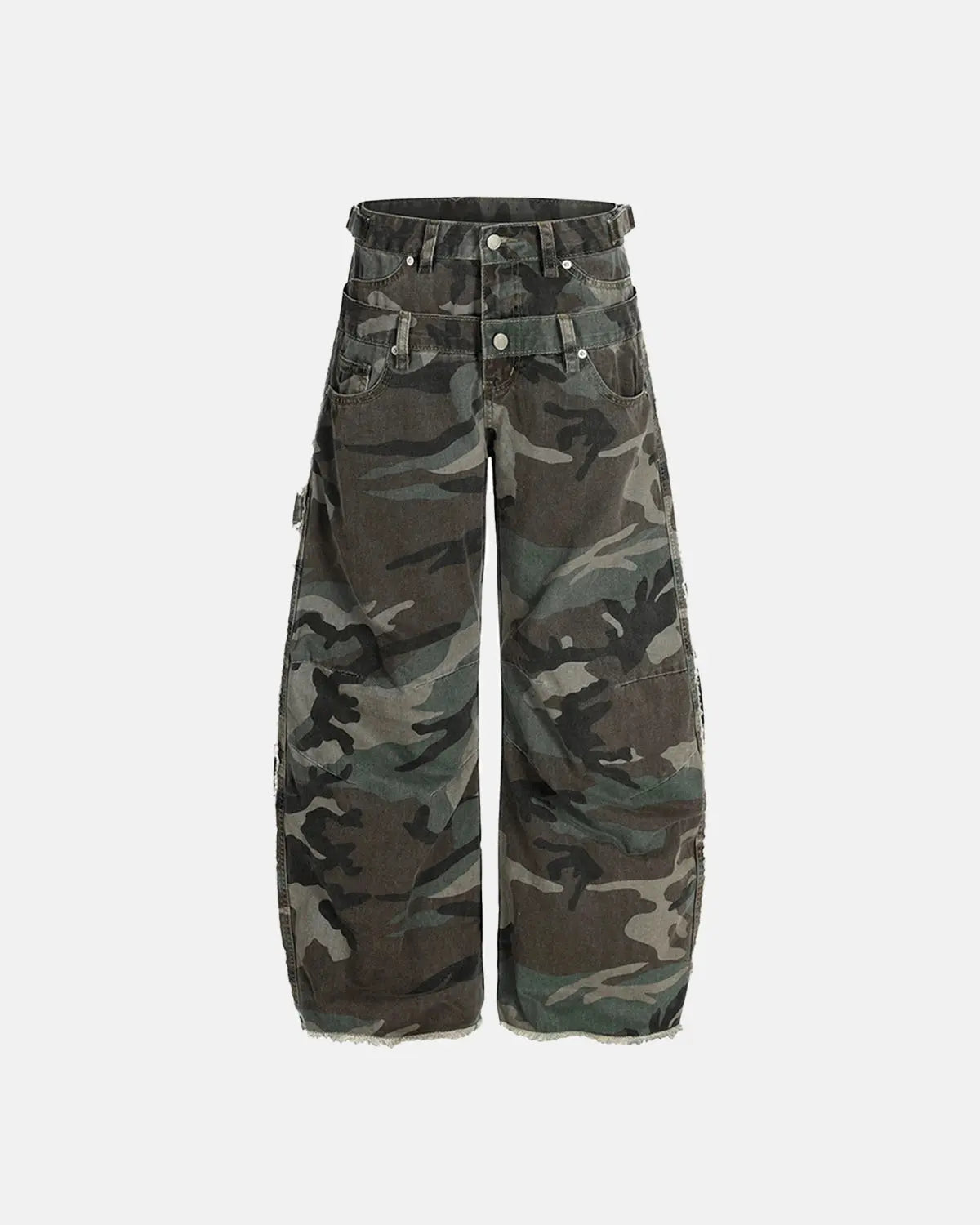 Inflation streetwear double waist camo cargo pants with multiple pockets and a relaxed fit, featuring a green and brown camouflage pattern.
