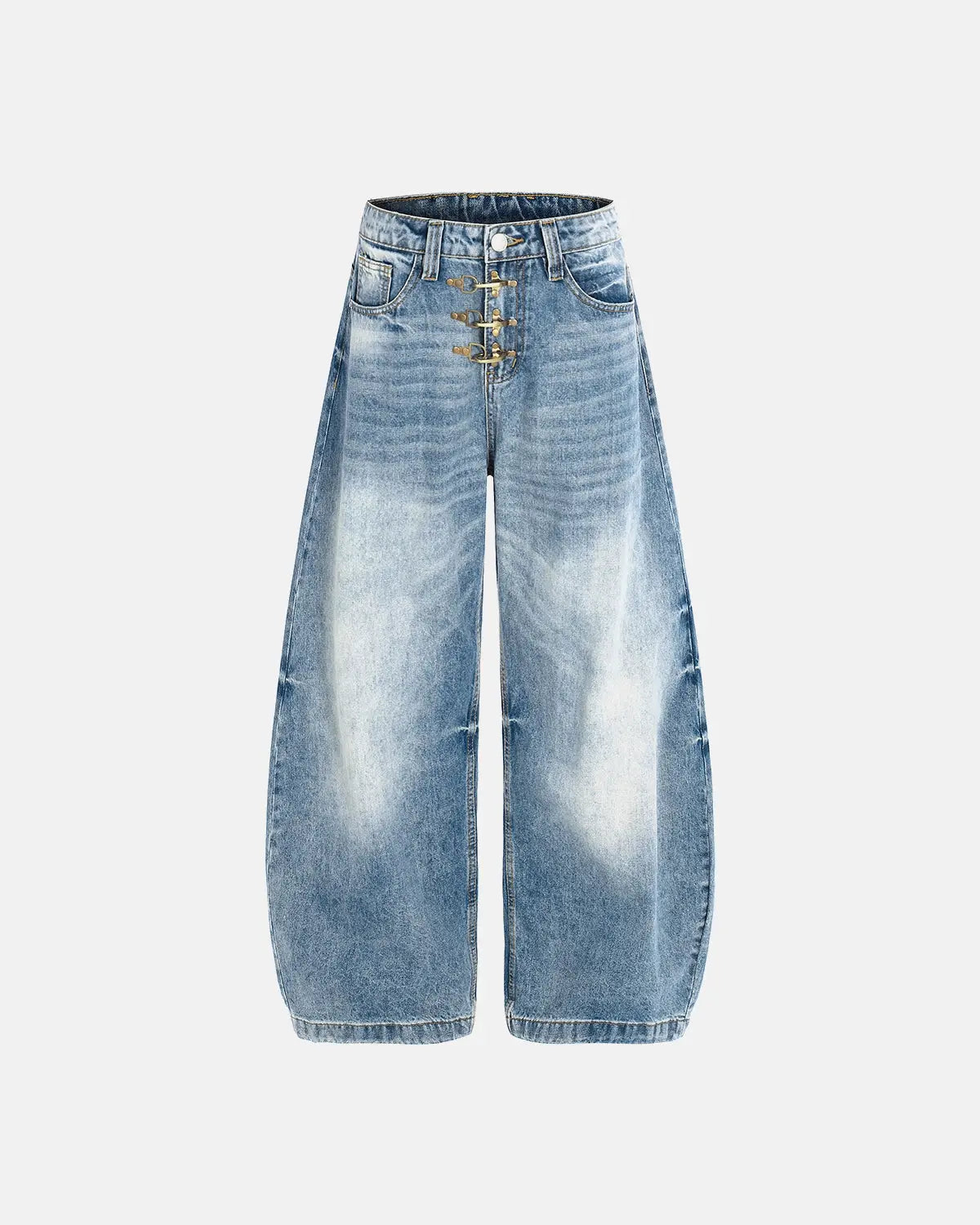 Acid washed Whisker Clasp Barrel Jeans by INFLATION Streetwear, showing distressed denim with unique barrel fit and whisker details.