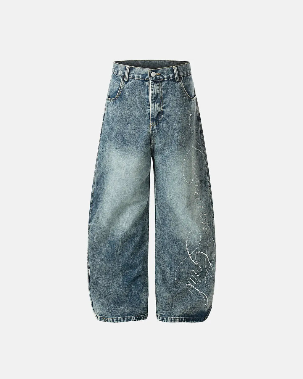 Inflation Streetwear rhinestone acid wash baggy jeans with distressed details and loose fit, styled for a trendy streetwear look.