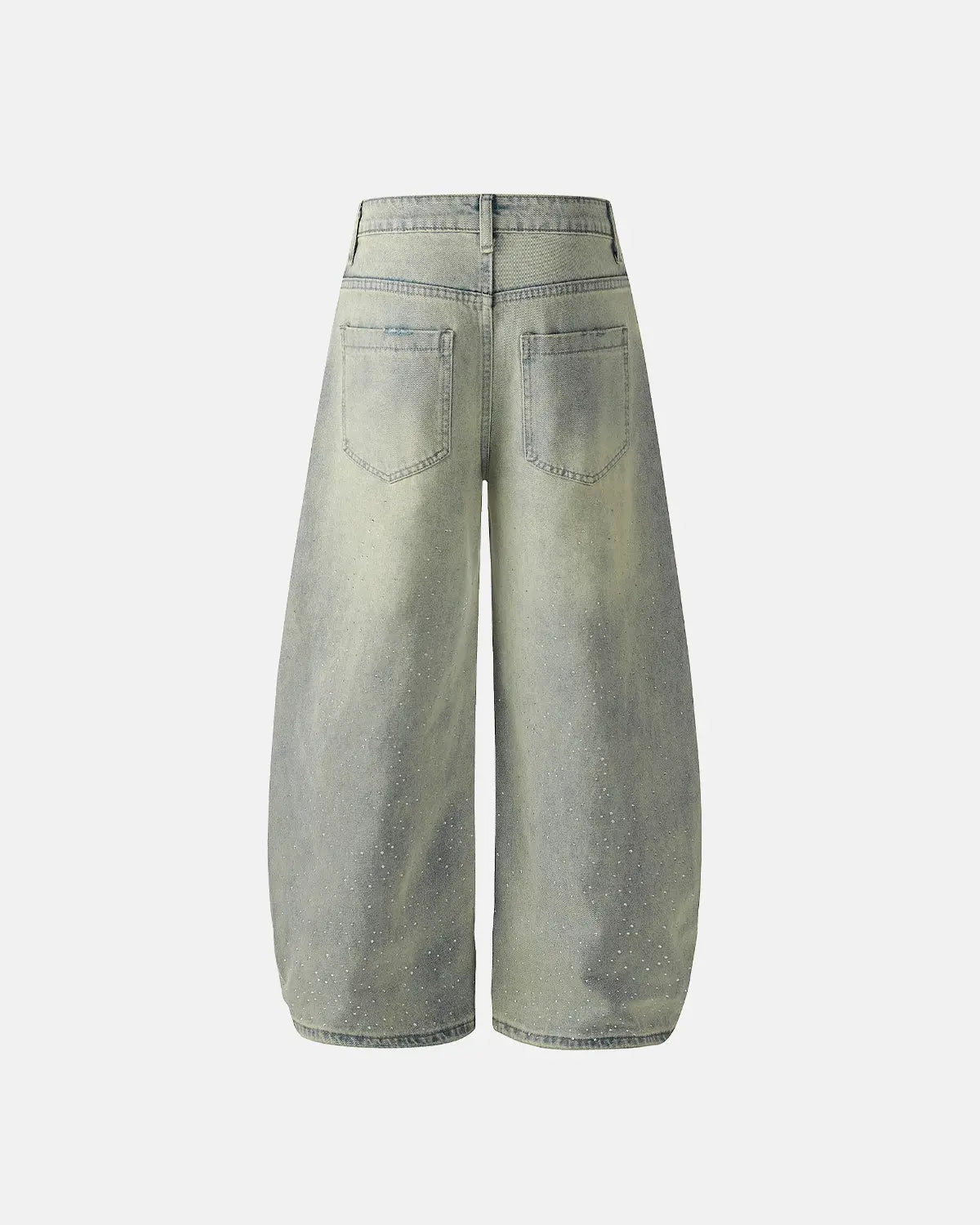 Acid wash rhinestone baggy jeans by INFLATION featuring distressed denim and sparkling rhinestone embellishments.