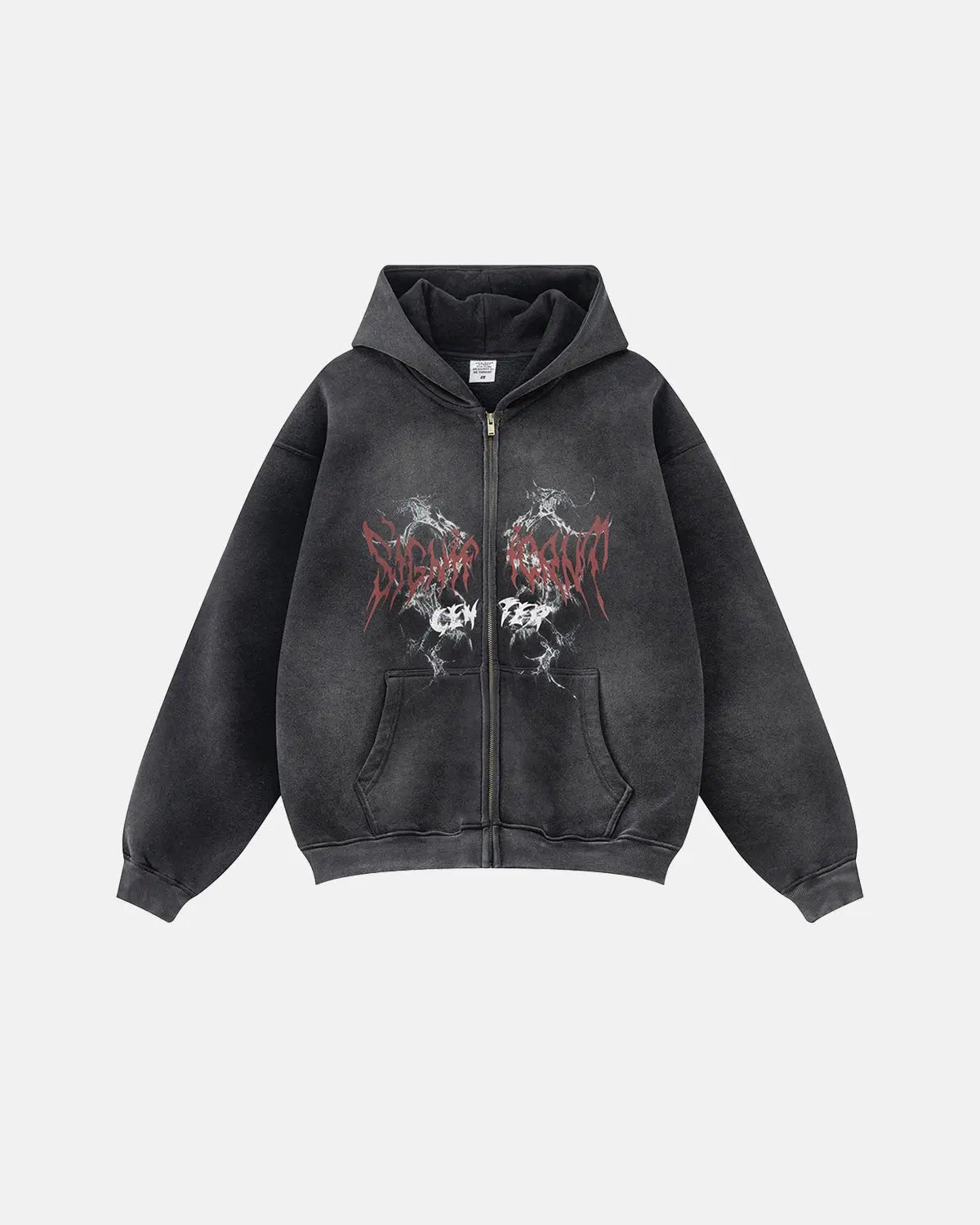 Inflation Washed Graphic Zip Up Hoodie with bold design, featuring a front zipper and casual style, ideal for streetwear fashion.
