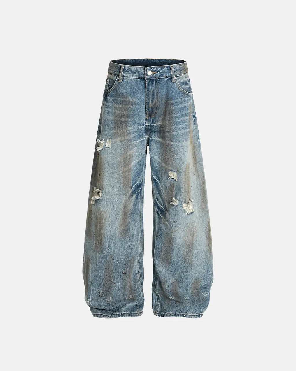 Distressed barrel jeans by INFLATION featuring a dirty wash finish, stylish streetwear look, and relaxed fit.