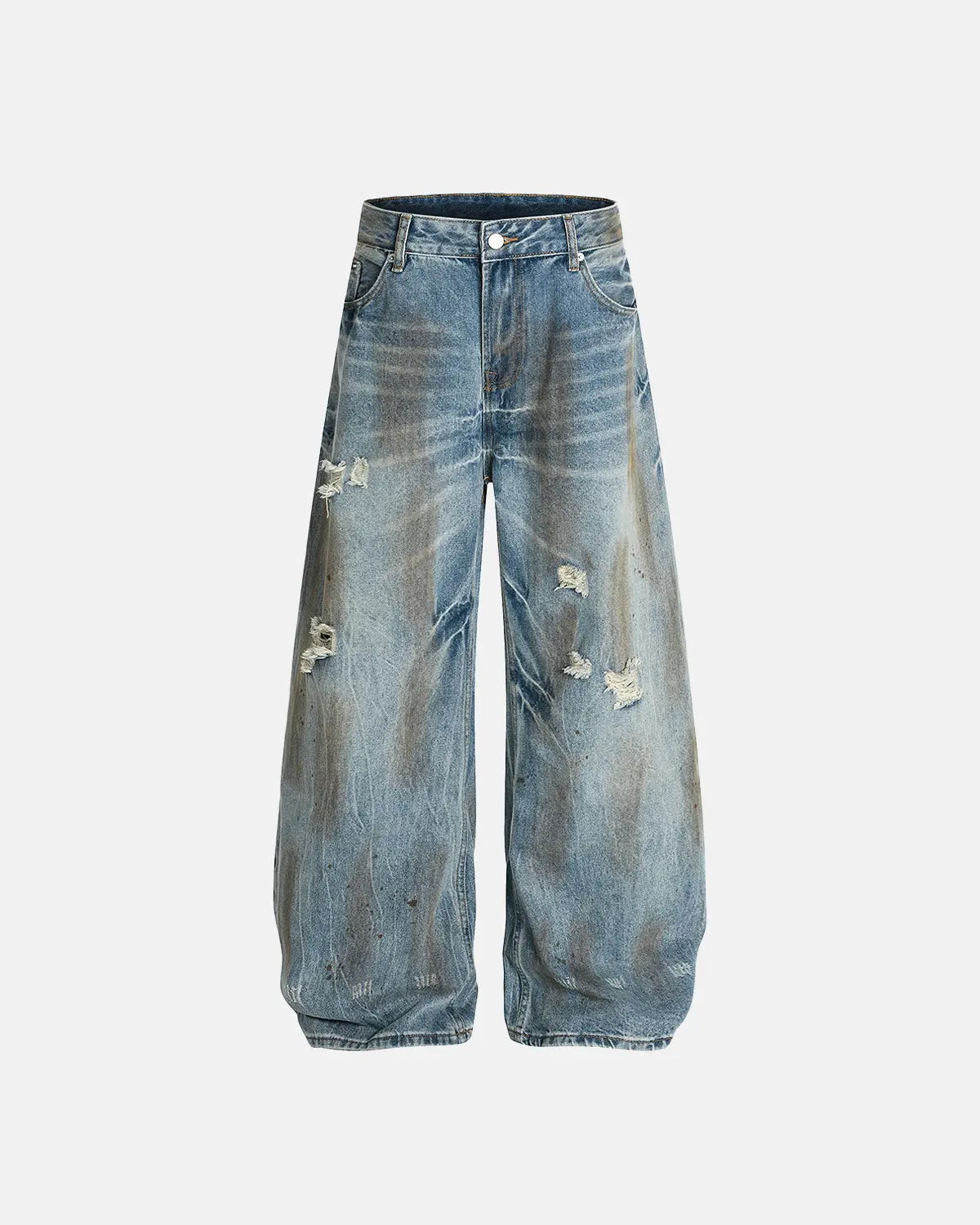 Distressed barrel jeans by INFLATION featuring a dirty wash finish, stylish streetwear look, and relaxed fit.